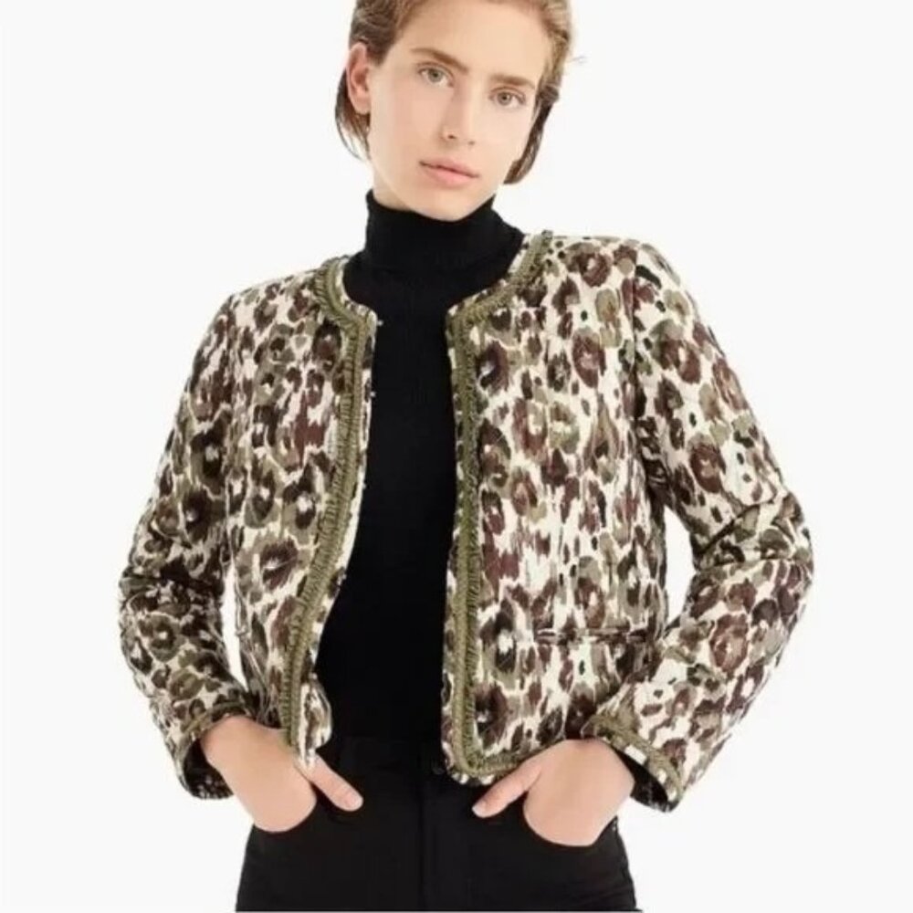 J Crew Green Brown Quilted Animal Print Ruffle Trim Boxy Jacket Womens Sz Large